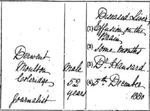 Extract from Derwent Moultrie Coleridge's death certificate.